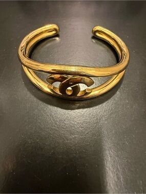 CHANEL Gold Double-Band CC Open Cuff Bracelet